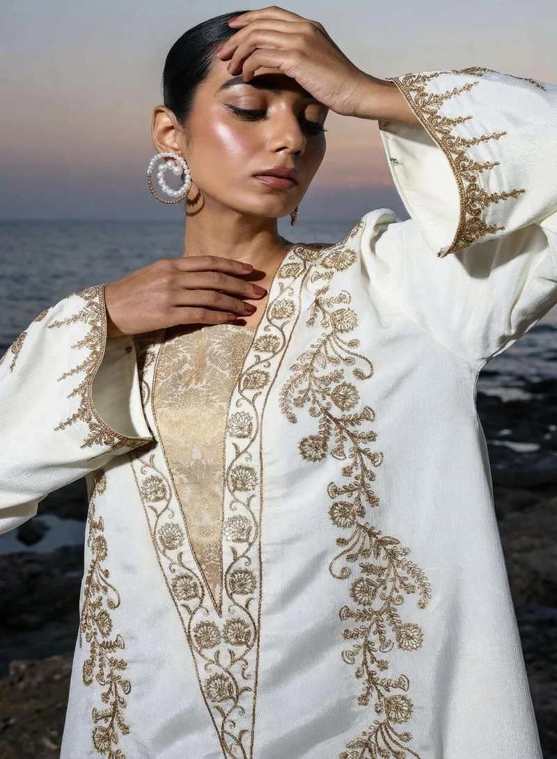 Ishin  Cream Floral Zari Embroidered Brocade Abaya for Women | Best Price UAE